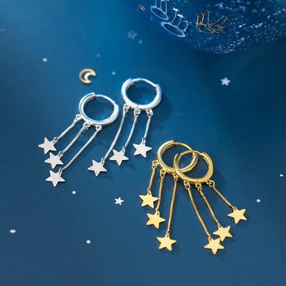 NEW 925 Sterling Silver Star Chain Drop Huggie Hoop Earrings - Picture 3 of 7